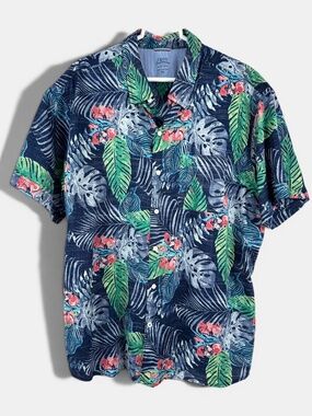 IZOD Saltwater Hawaiian Shirt Tropical Floral Blue Green Reverse Print Size XXL